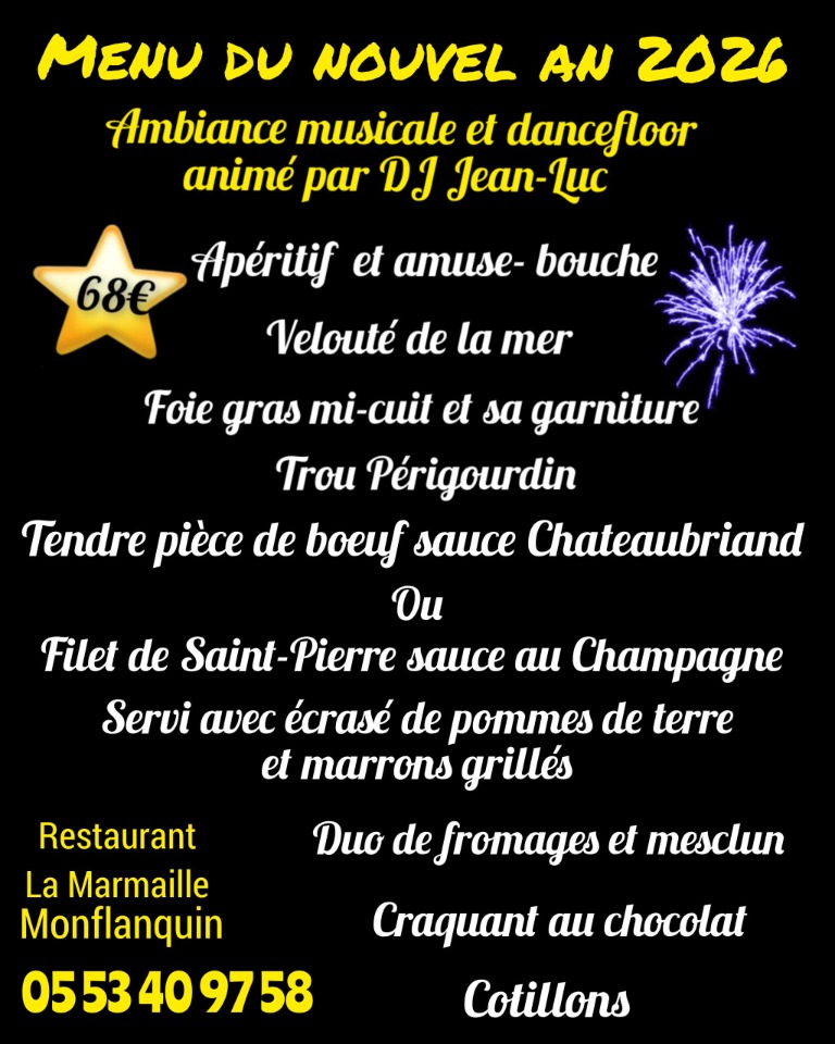 Menu du r&eacute;veillon 2025 - Monflanquin