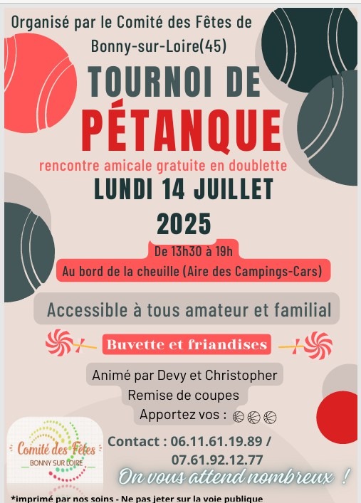 TOURNOI DE PETANQUE AMICAL GRATUIT A BONNY S/LOIRE (45) 26 avril 2026 - Bonny-sur-Loire