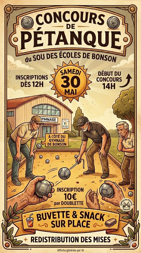 Concours p&eacute;tanque du Sou des &eacute;coles de Bonson le 30 mai 2026 - Bonson