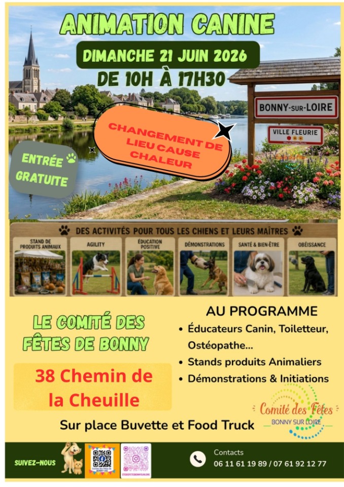 1&egrave;re ANIMATION CANINE GRATUITE &agrave; BONNY SUR LOIRE (45) le 21 juin 2026  - Bonny-sur-Loire