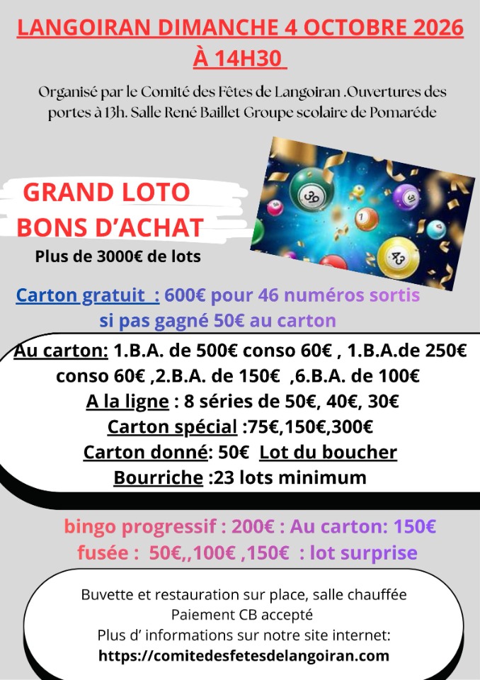 Super loto sp&eacute;cial bon d'achat 46 lots plus jeux - Langoiran