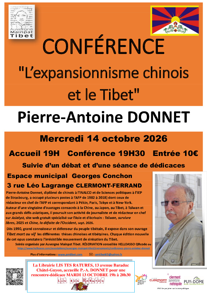Pierre-Antoine Donnet, "L'Expansionnisme chinois et le Tibet" - Clermont-Ferrand